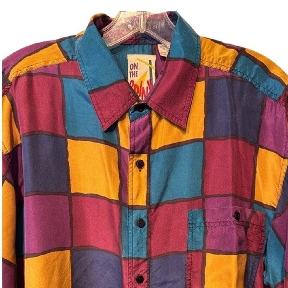 On The Brink Silk Button Down Shirt Multicolor Color Block Funky Vintage 90s Med - Picture 3 of 7
